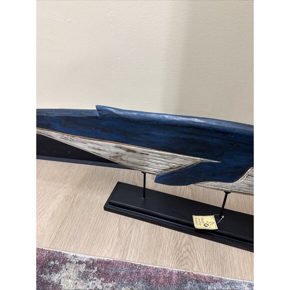 Hand Carved Bali Wooden Whale Sculpture on Stand 38” Ubud Coastal Decor - Picture 4 of 8